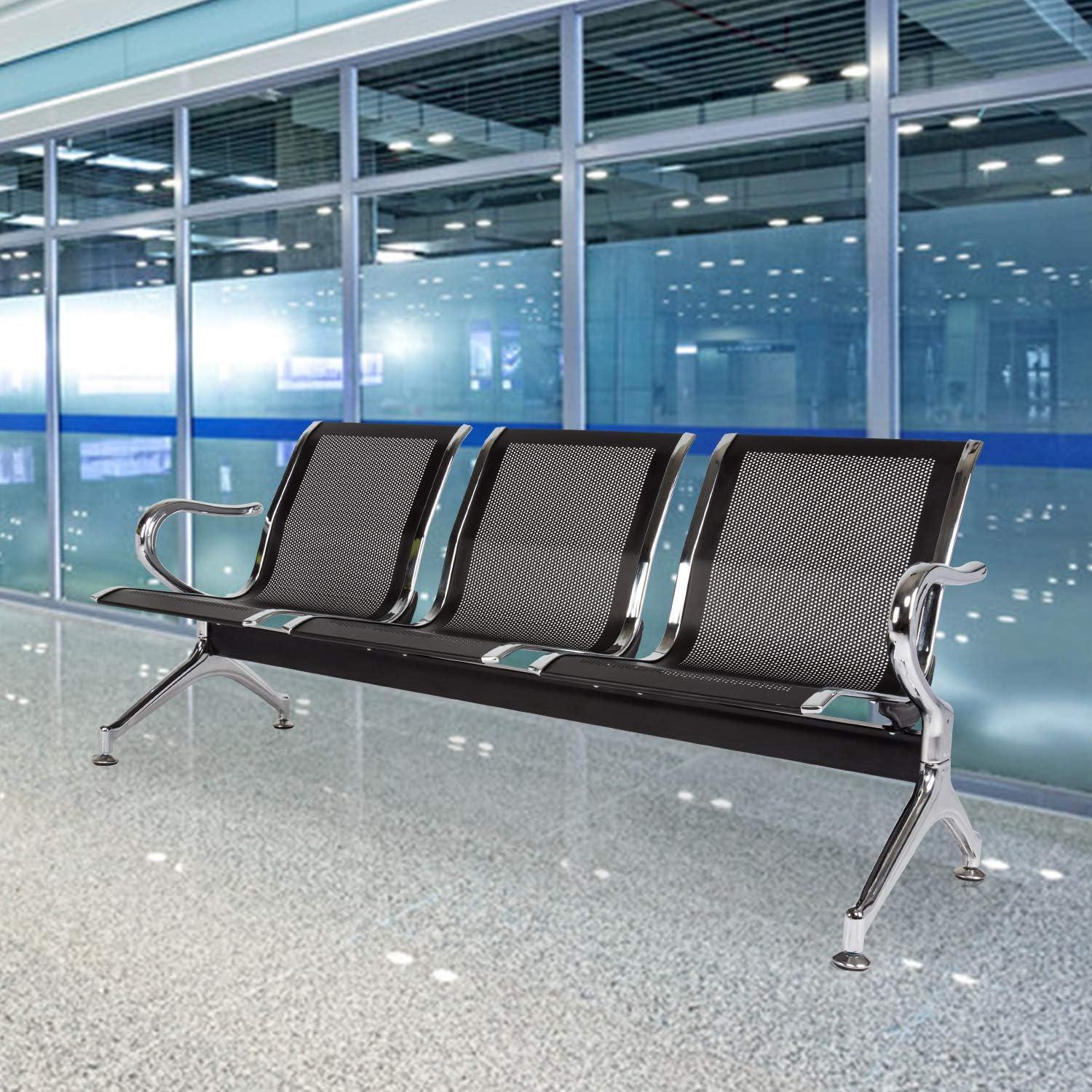 Kinbor Waiting Room Chairs, 3-Seat Reception Chairs Office Guest Waiting Furniture Bench Seating for Airport Bank Hospital, Black