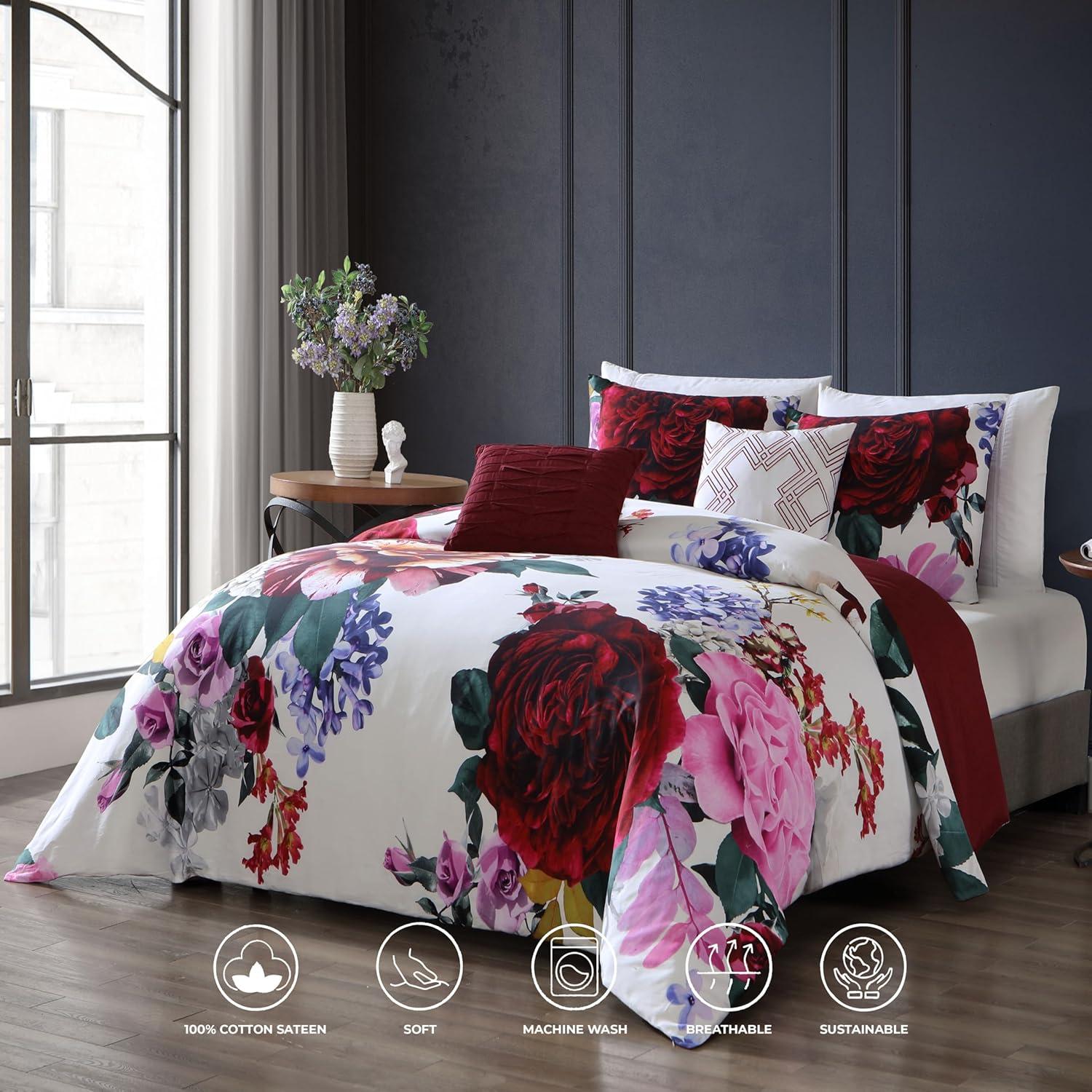BeBeJan Bebejan Magenta Floral 100% Cotton Sateen 5 Piece Reversible Comforter Set