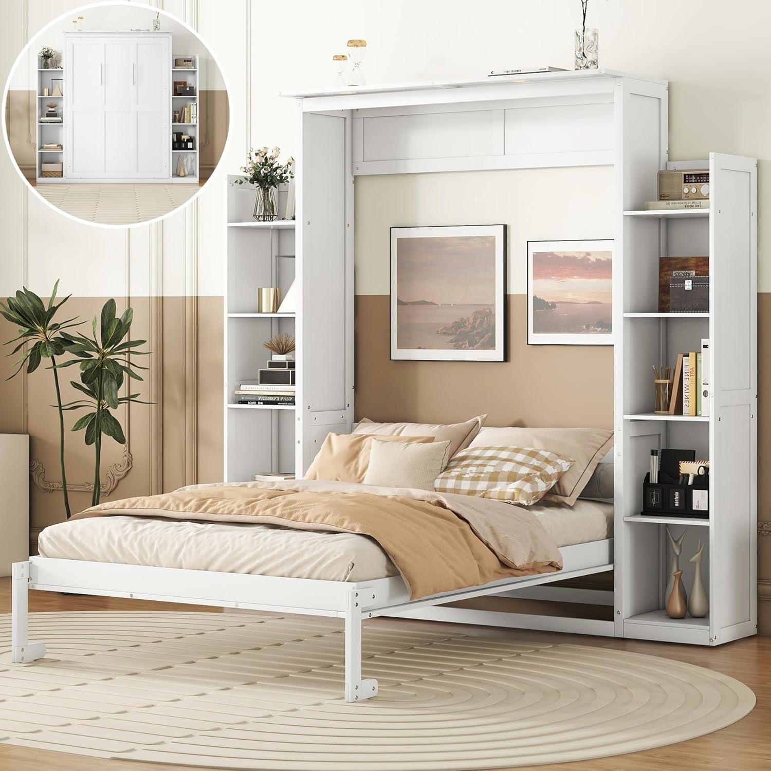 yuanhuan Full Size Murphy Bed Wall Bed With Shelves And LED Lights
