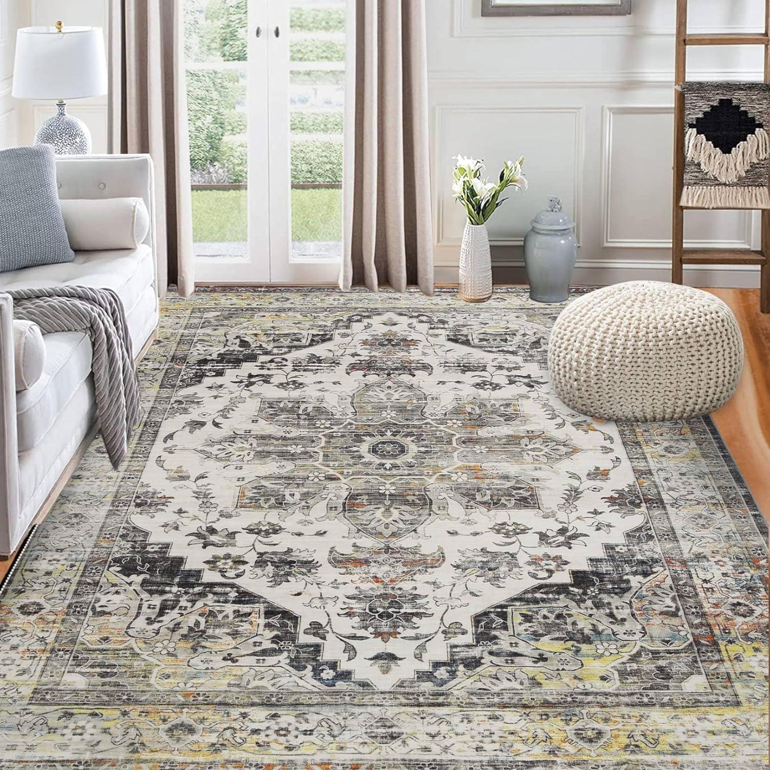 Garvee 9' x 12' Large Rug Vintage Persian Area Rugs Distressed Print Carpet Floral Pattern Rug No-Slip Low Pile Rug Living Room Bedroom Rug, Gray