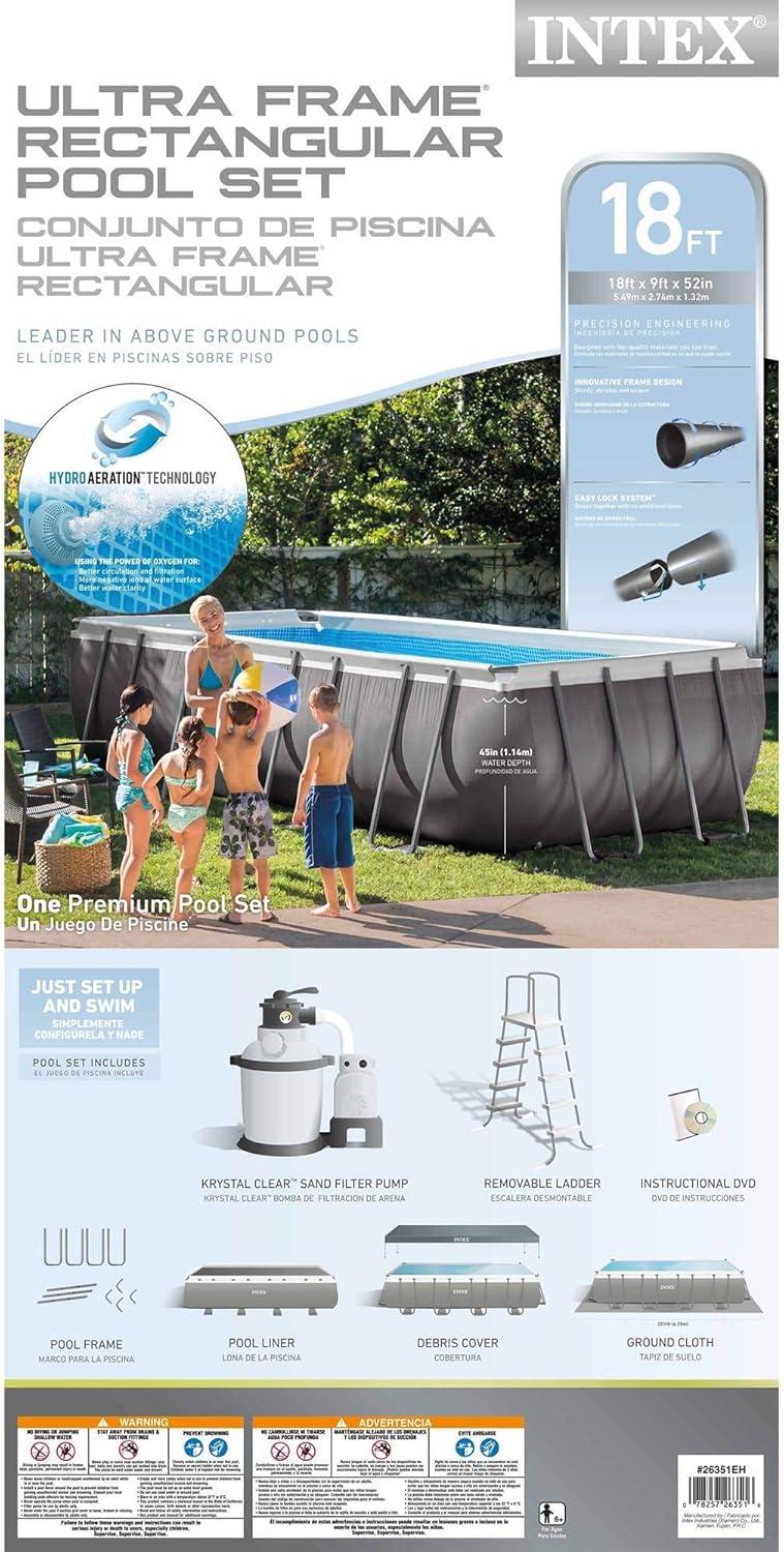 Intex 18'X9'X52" Ultra Frame Rectangular Pool Set Sand Filter Pump, Ladder, Ground Cloth & Cover