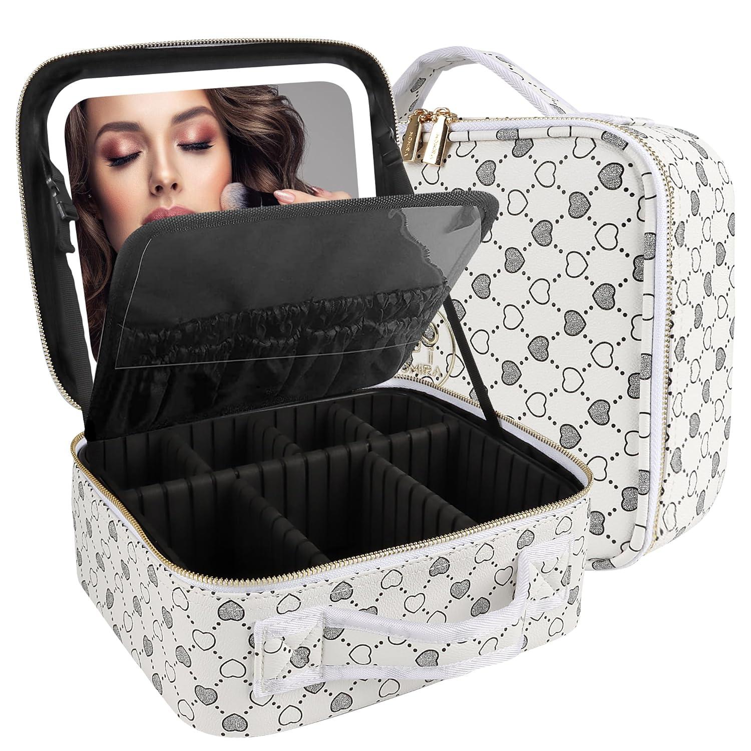 MOMIRA Travel Makeup Bag Cosmetic Bag Makeup Organizer Bag with Large Lighted Mirror 3 Color Scenarios Adjustable Brightness, Waterproof Makeup Travel Case, Large Makeup Train Case Toiletry Gift