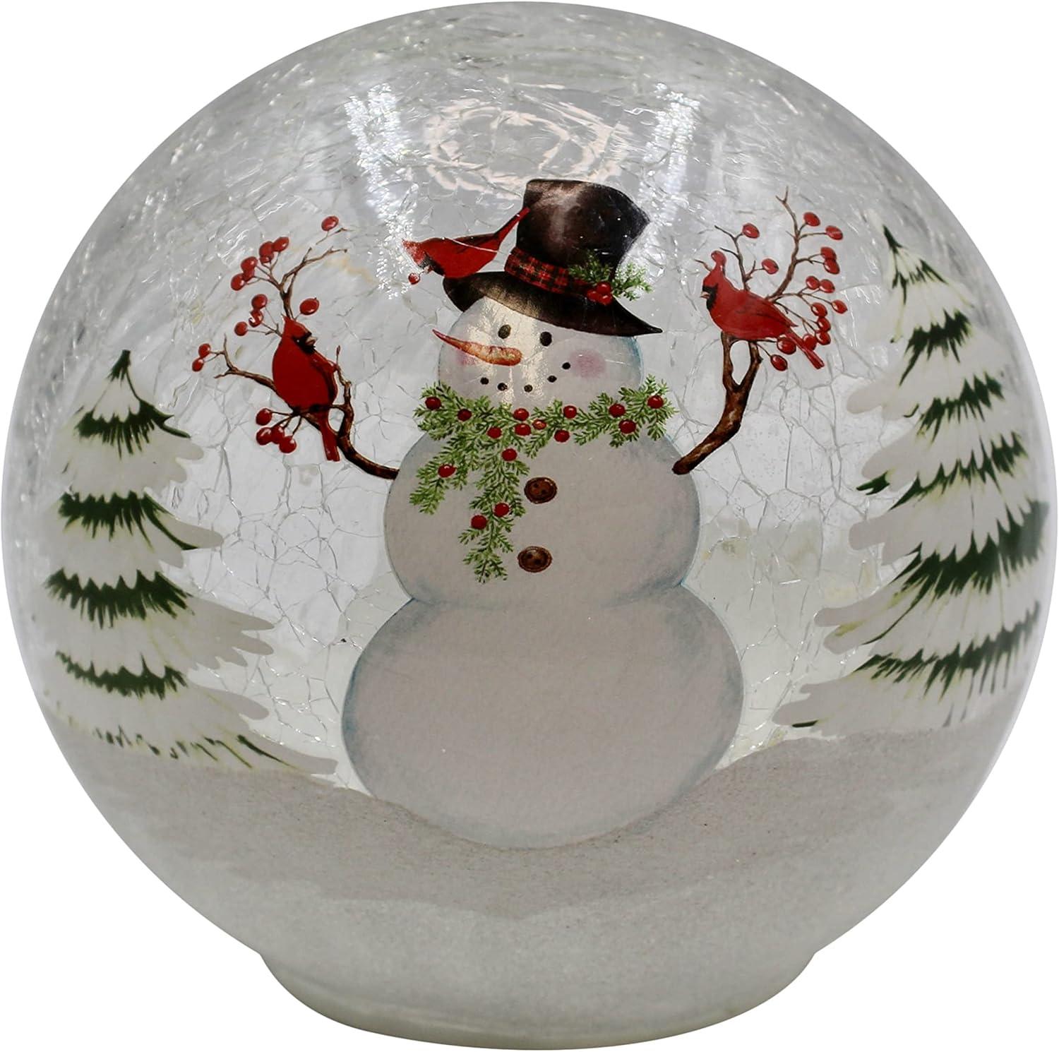 Festive Snowman and Cardinals Crackle Glass LED Globe