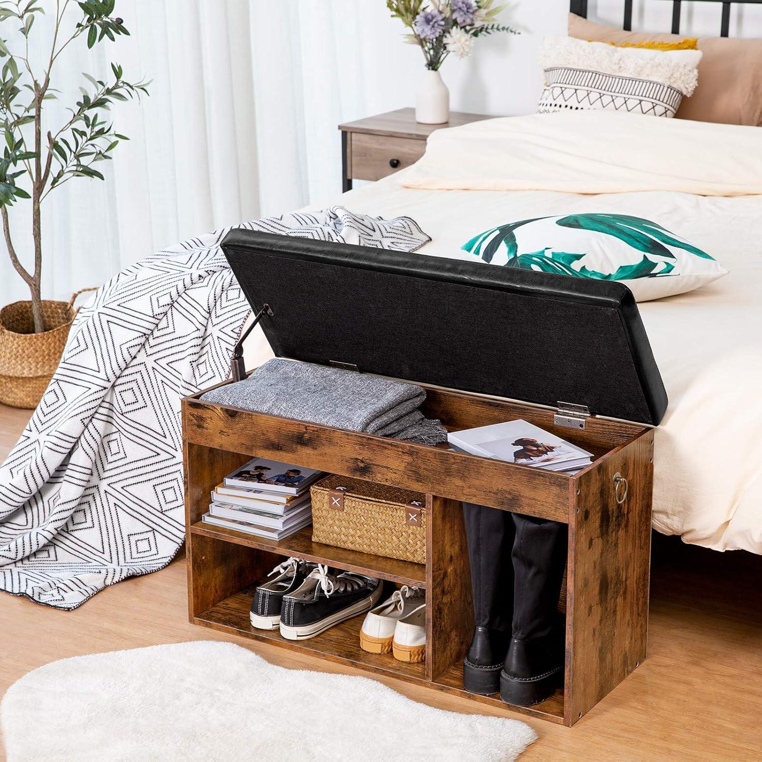 Shoe Storage Bench with Padded Cushion, Entryway Bench with Flip-Open Storage Box and Adjustable Shelf, Shoe Rack with Hidden Compartment, for Entryway, Living Room, Rustic Brown BF40HX01