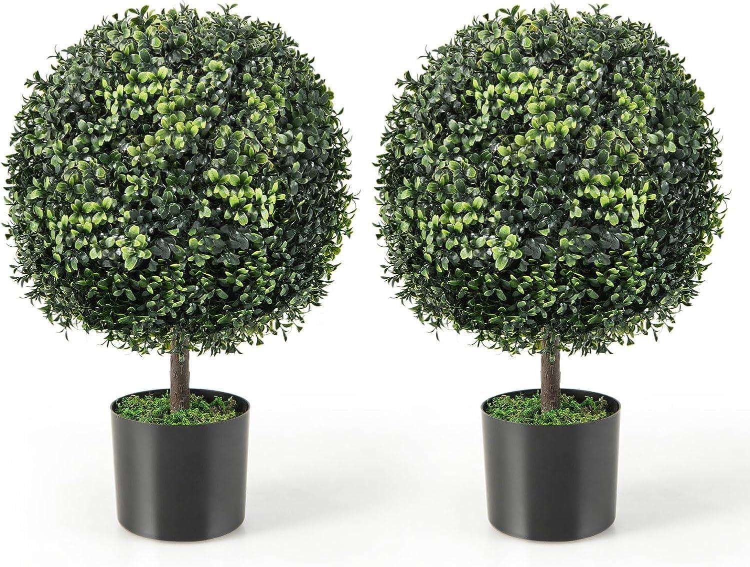 22’’ Faux Boxwood Topiary Ball Tree Set of 2, Artificial Plants Outdoor Weather Resistant, Cement-Filled Potted Bushes, Evergreen Topiary Trees Artificial for Porch Decoration Indoor Outdoor