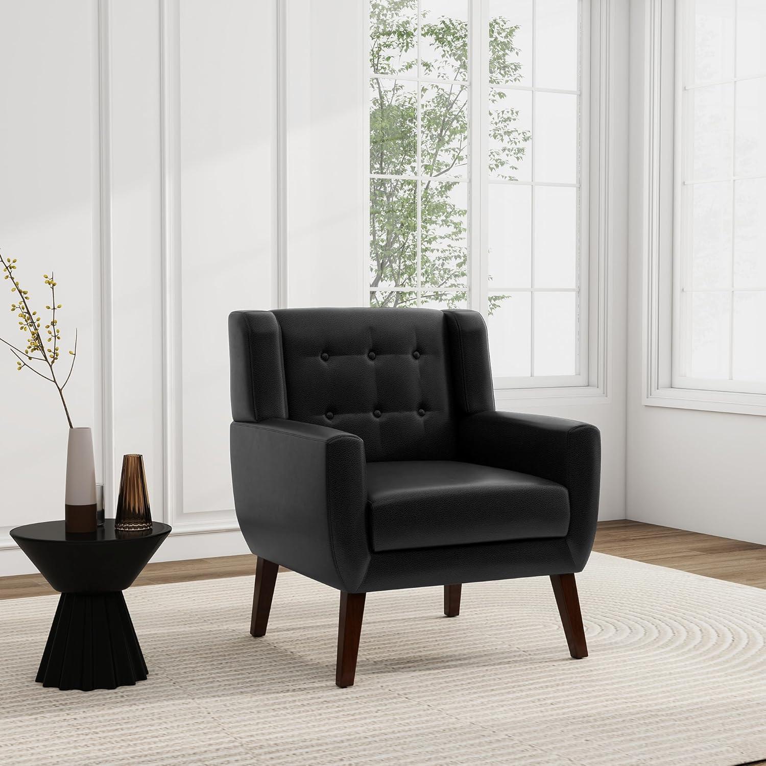 UIXE Faux Leather Accent Chair Upholstered Comfortable Armchair Modern Bedroom Chairs with Solid Wooden Legs, Brown