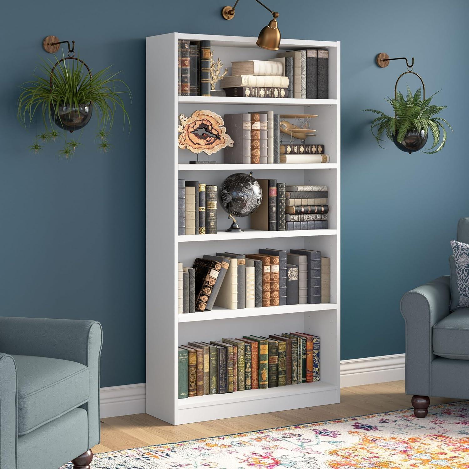 Bush Furniture Universal 5 Shelf Wood Bookcase in Pure White