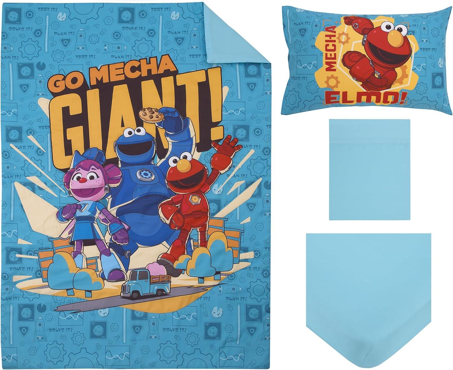 NoJo Sesame Street Mecha Builders Toddler Collection Cookie Monster, Elmo and Abby 4 Piece Toddler Bed Set (Set of 4)