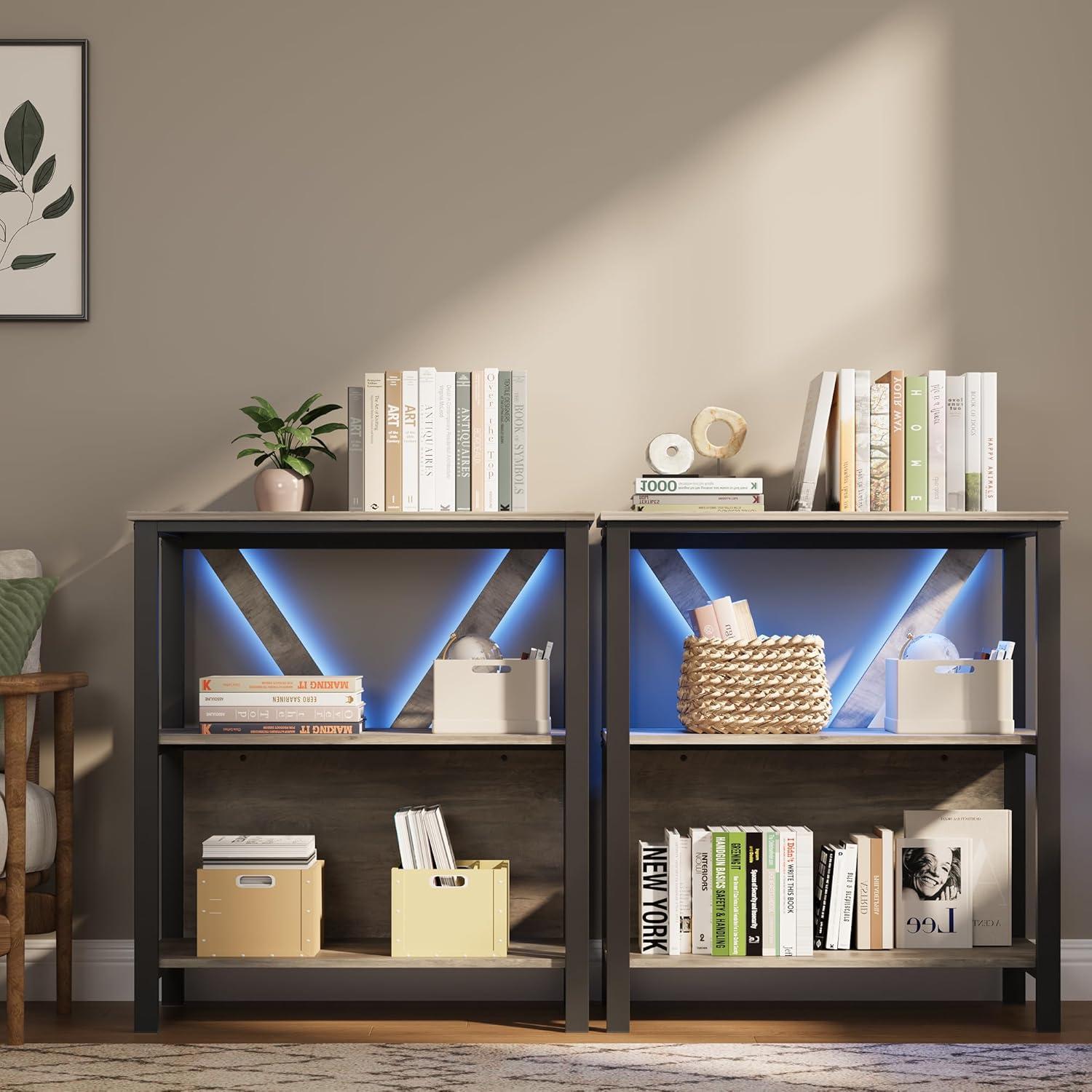 Danolapsi 3 Tier Bookshelf with LED Lights,Display Shelf with Lights,Bookcase with Open Display Shelves,Wood and Metal Standing Bookshelf with Storage Rack for Living Room Bedroom Home Office