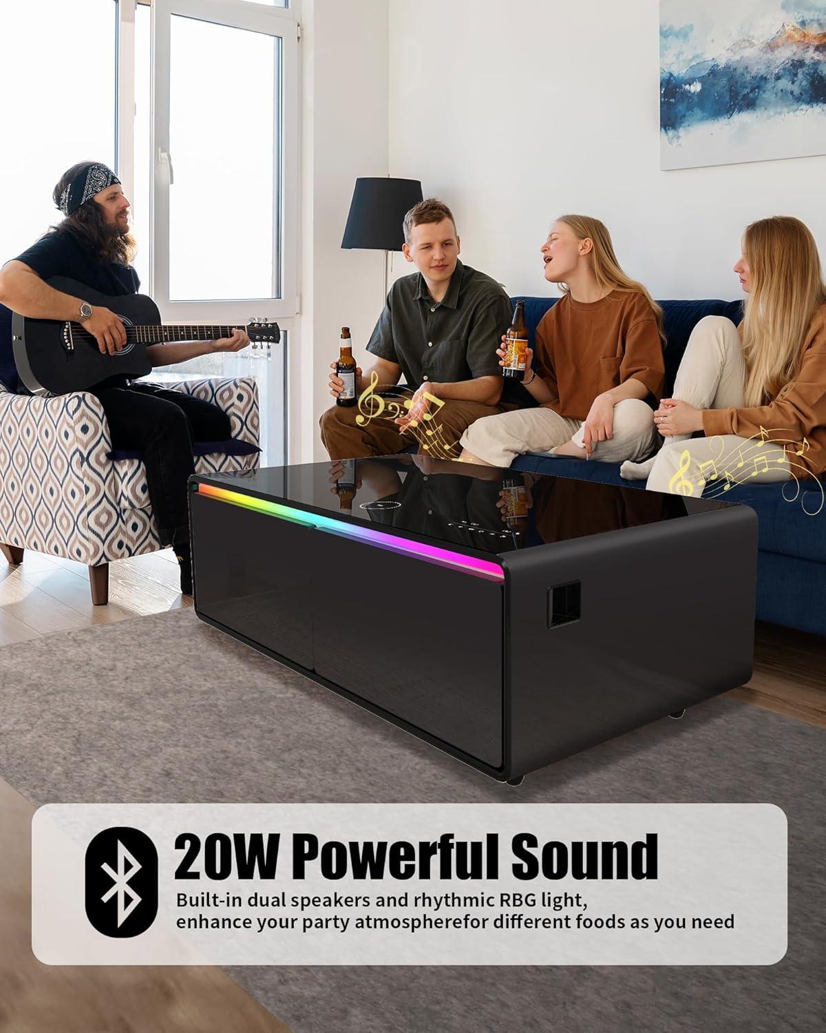 Livtab Smart Coffee Table with Built in Fridge, Bluetooth Speakers, Wireless Charging, Outlets, RGB Light, Black