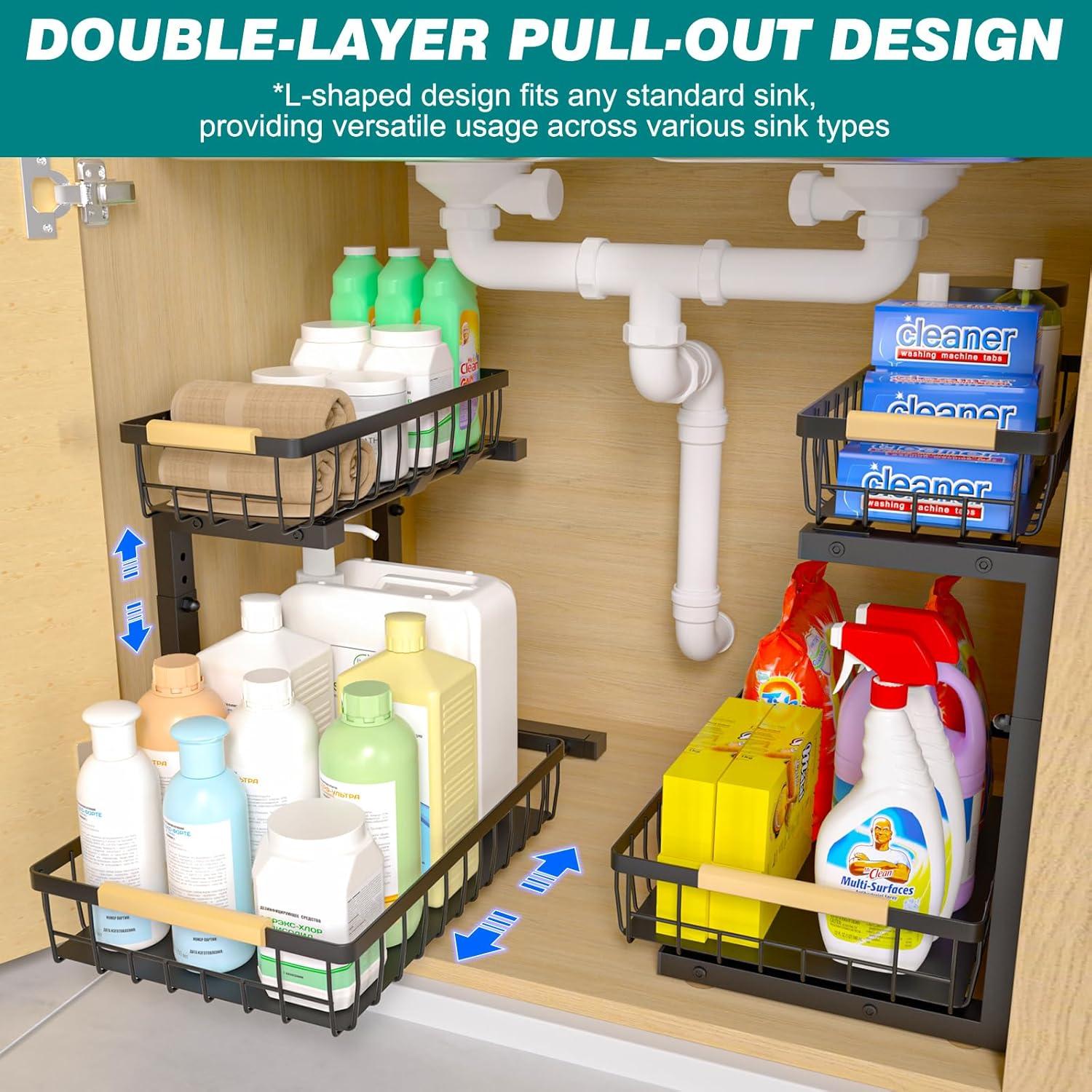 Sink Organizer, 2 Pack 2 Tier Sink Organizer and Storage, Slide-Out Pull-Out Cabinet Organizer, Sliding Metal Drawer for Home Kitchen, Bathroom, Pantry