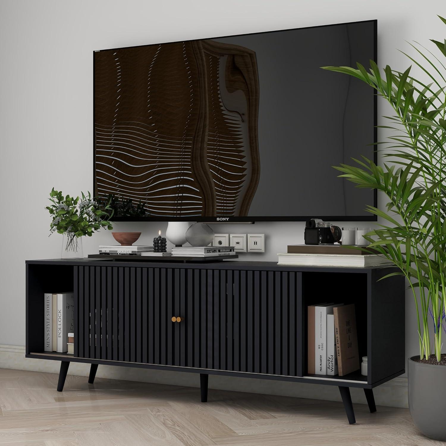 George Oliver Modern TV Stand for Televisions up to 70 Inches, with Sliding Doors and Storage, Television Stands, TV Consoles, Media Consoles for Living Room