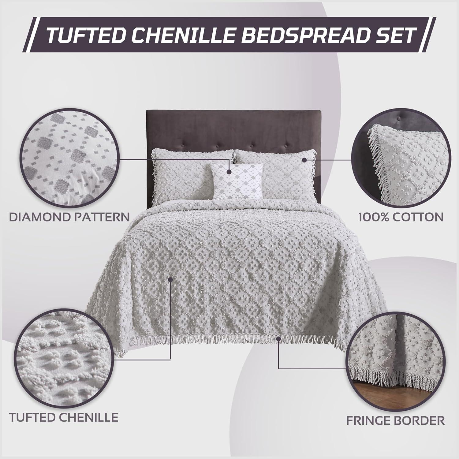 Better Trends Charleston Collection 100% Cotton Bedding sets, Machine Washable Soft and Breathable 4-piece Chenille Bedspread & Sham with Geometric Embroidery, All season
