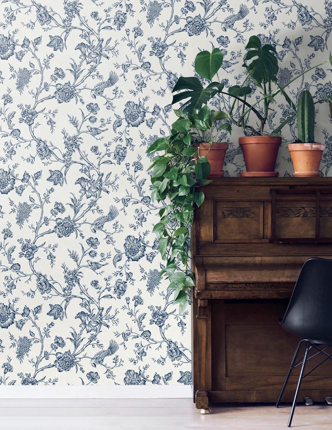NextWall Navy Blue Jasmine Chinoiserie Peel and Stick Wallpaper