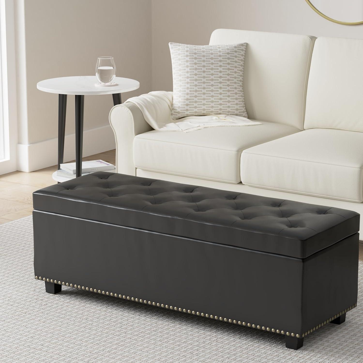 Simpli Home Hamilton 48"W Upholstered Storage Ottoman Bench with Lift-Top Lid, Tufted Design, and Nailhead Trim