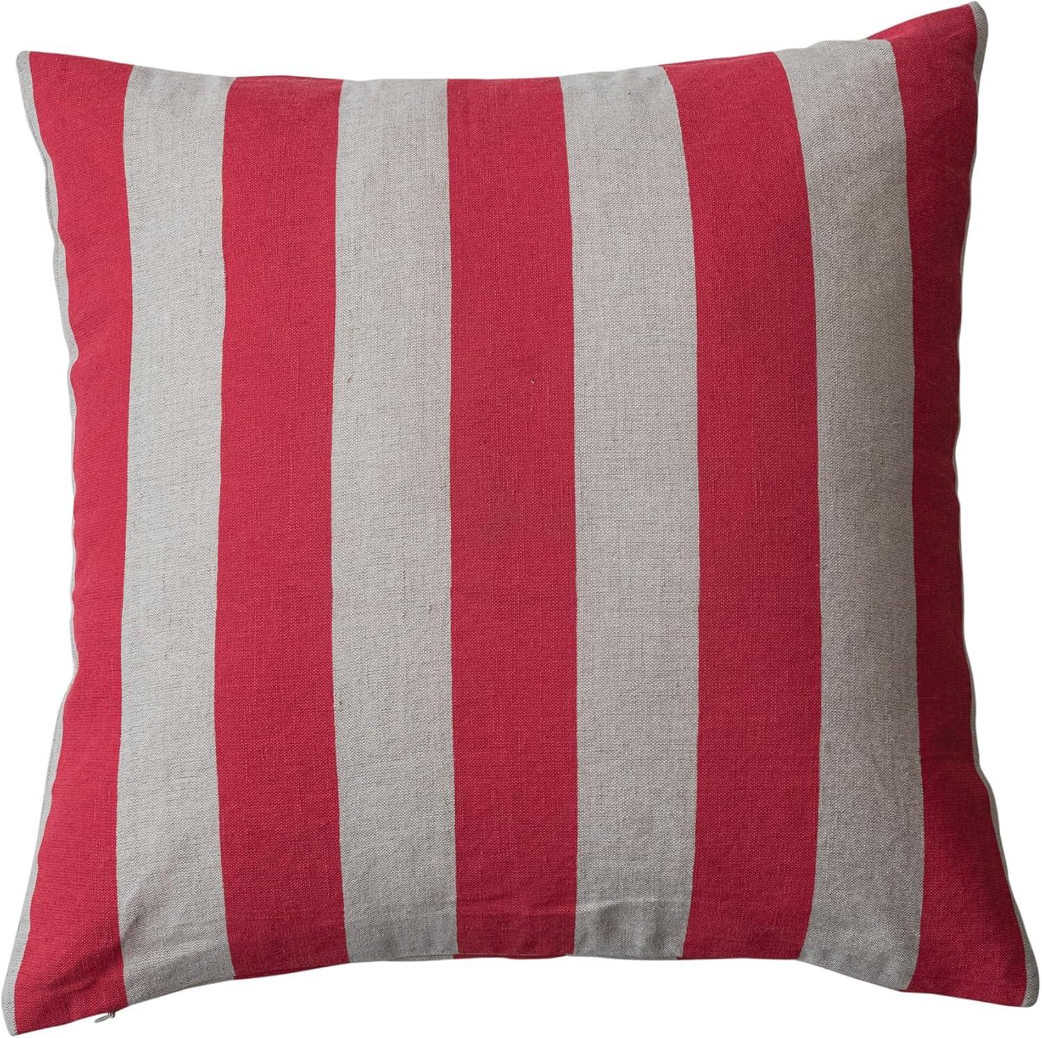 Red and Natural Striped Cotton Linen Square Pillow