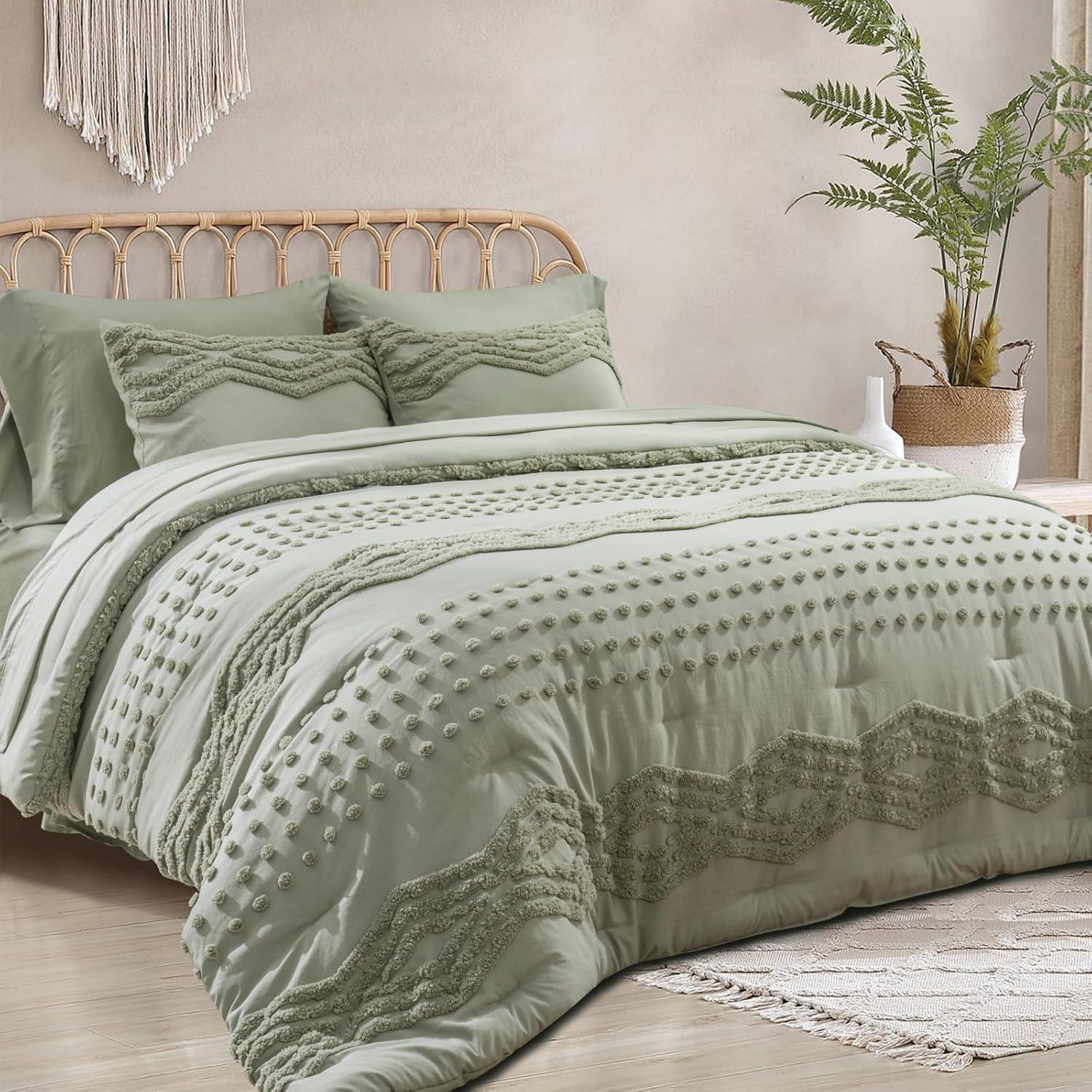 Sage Green Microfiber King Boho Comforter Set with Pom-Pom Accents