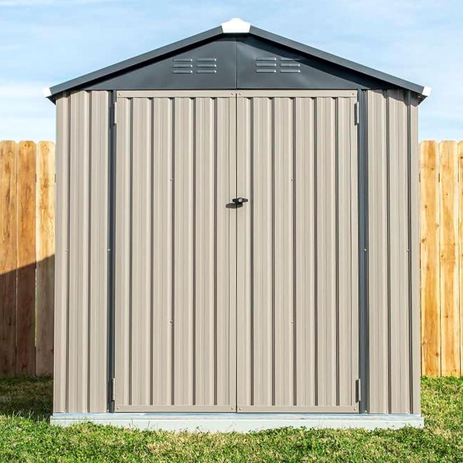 Metal Outdoor Galvanized Steel Storage Shed with Lockable Doors for Backyard or Patio Storage of Bikes, Grills, Supplies, Tools, Toys, for Lawn, Garden, and Camping, Tan (8x6)