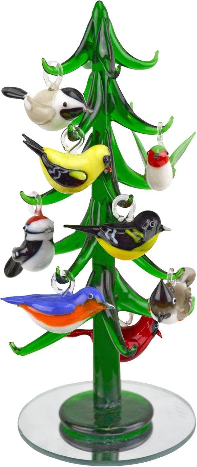 Miniature Green Glass Tree with Colorful Bird Ornaments