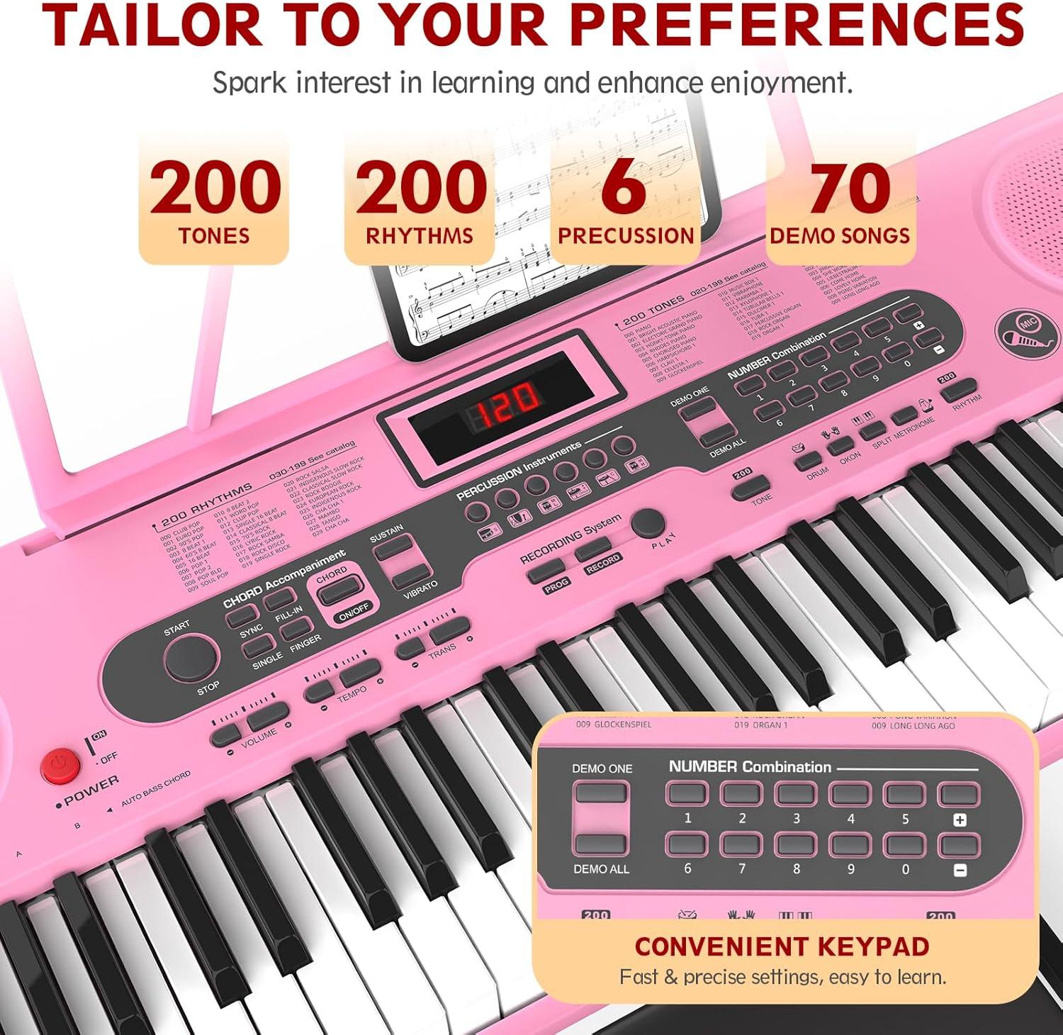Fenbeli 61 Key Piano Keyboard with Lighted Keys Electric Keyboard Kit with Stand, Bench, Headphones, Built-in Speakers, Pink