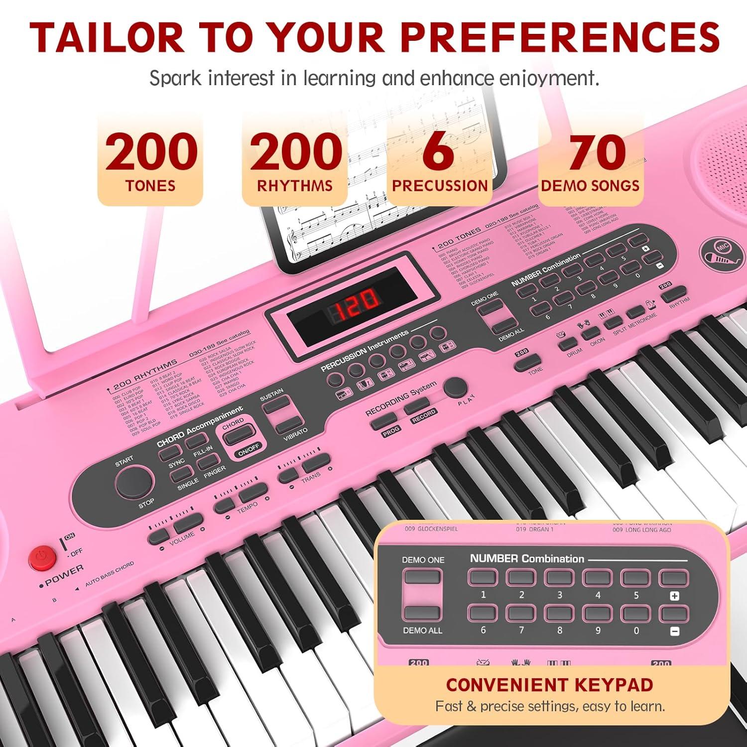 Fenbeli 61 Key Piano Keyboard with Lighted Keys Electric Keyboard Kit with Stand, Bench, Headphones, Built-in Speakers, Pink