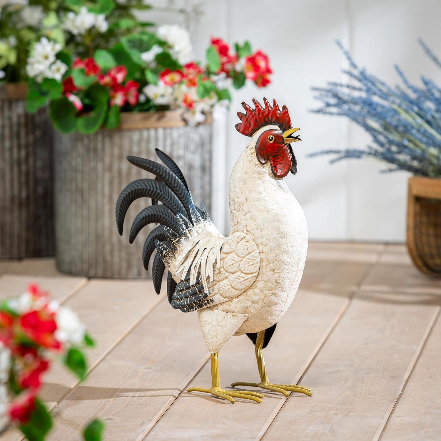 14 in. H Metal Rooster with Light Feathers Garden Statue