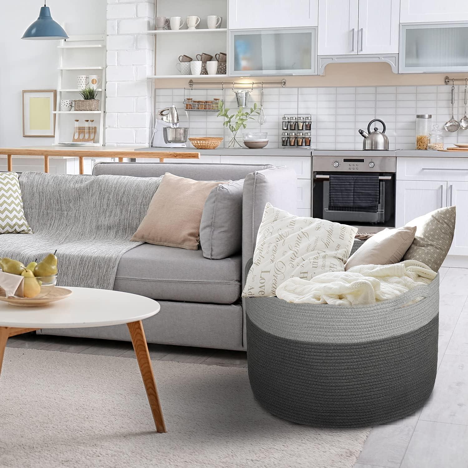 AivaToba Cotton Rope Basket, 22” x 14” Blanket Basket for Living Room, Woven Baby Laundry Baskets with Handles for Toys, Storage, XXXLarge Basket for Organizing