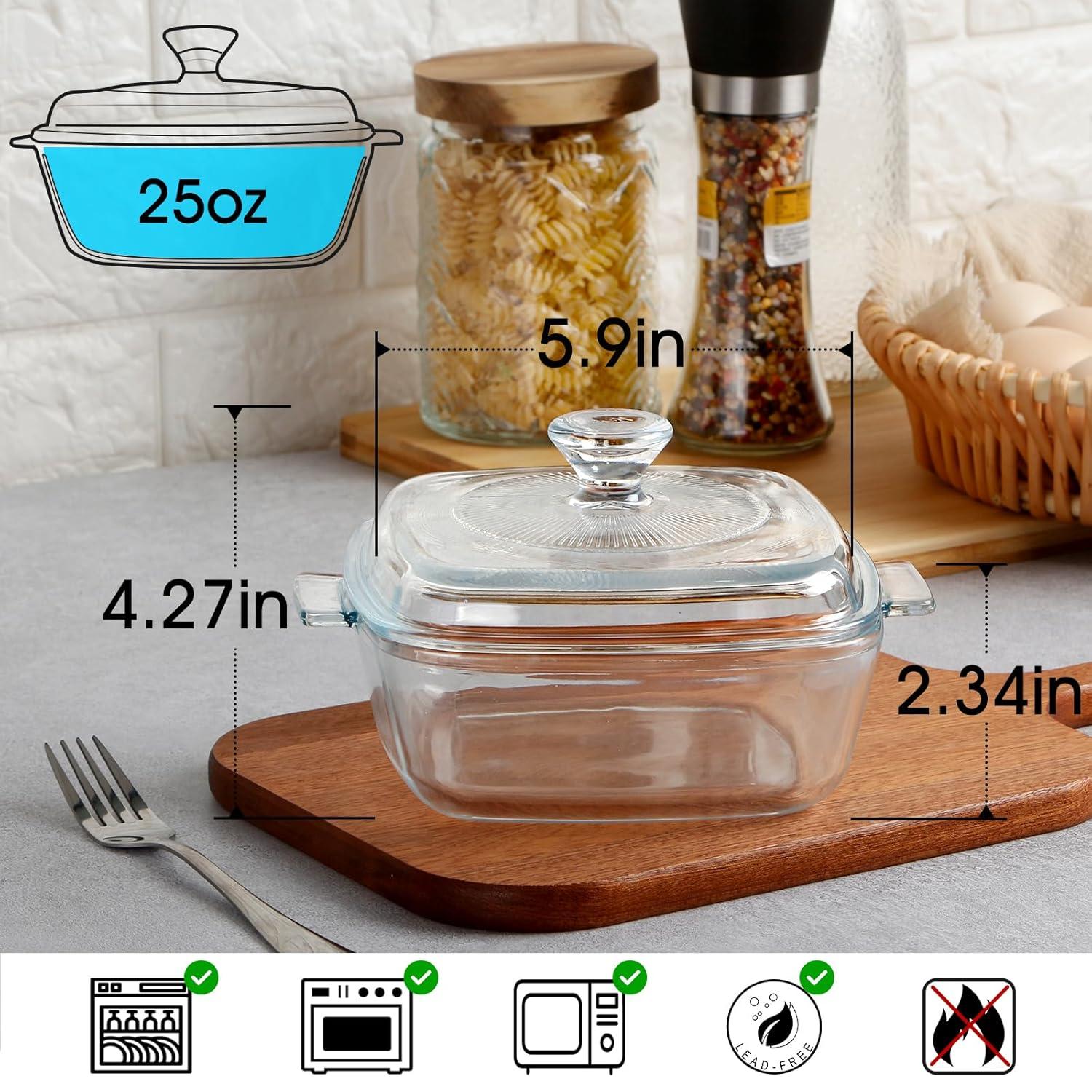 NUTRIUPS 0.8L Glass Casserole Dish with Lid Oven Safe Square Casserole Dish 5.9in Glass Microwave Bowl With Lid Microwavable Cookware (25oz-Mini)