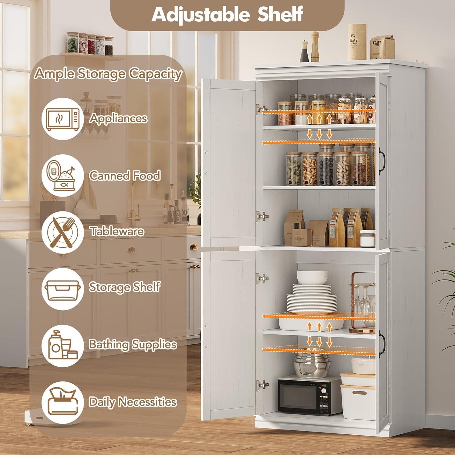 Ataucjin 70" Tall Kitchen Pantry Cabinet, Freestanding Cupboard Kitchen Pantry Storage Cabinet, Freestanding Cupboard with Doors and Adjustable Shelves, for Bathroom, Dining Room, Living Room