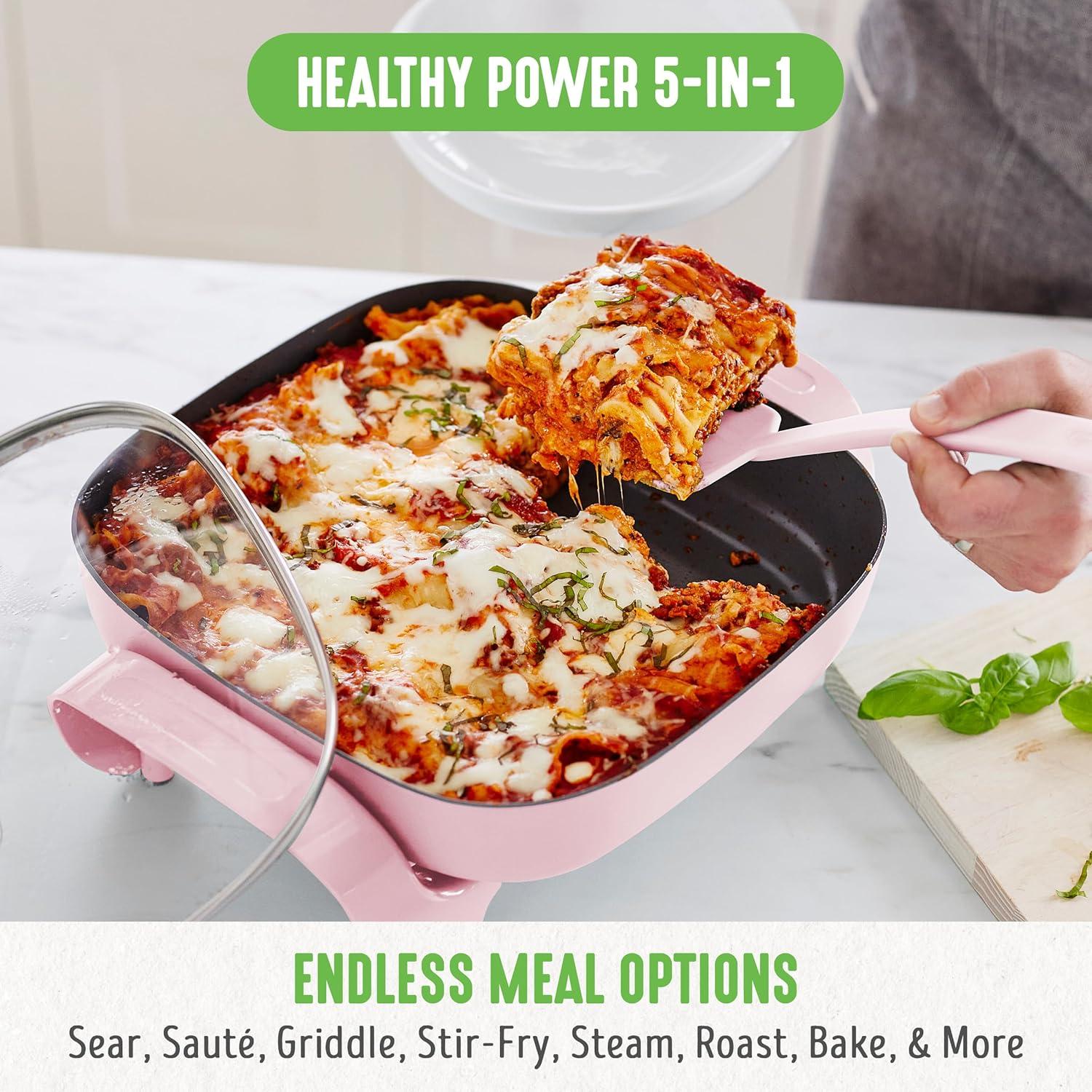 Pink Ceramic Nonstick Electric Skillet with Glass Lid