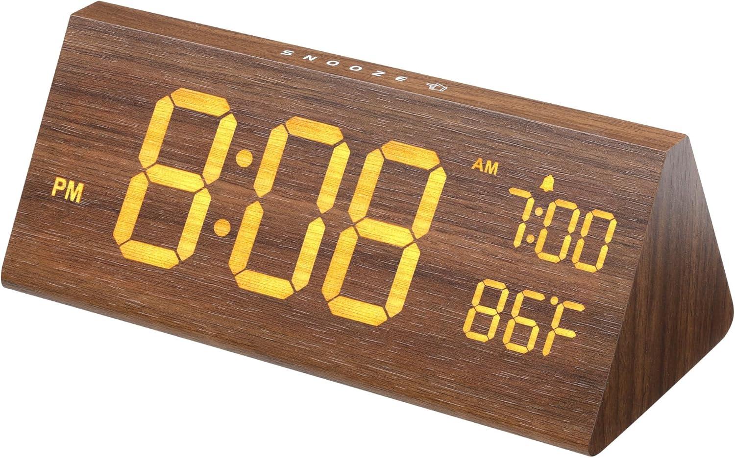 Digital Alarm Clock, with Wooden Electronic LED Time Display, Alarm Settings, Humidity & Temperature Detect, Wood Made Electric Clocks for Bedroom, Bedside,brown，G169865