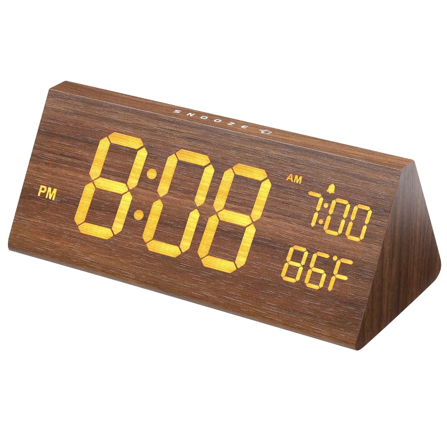 Digital Alarm Clock, with Wooden Electronic LED Time Display, Alarm Settings, Humidity & Temperature Detect, Wood Made Electric Clocks for Bedroom, Bedside,brown，G169865