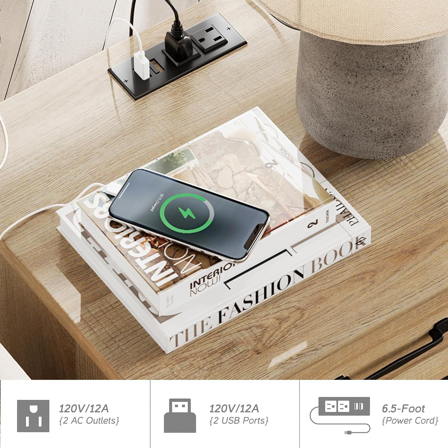 WAMPAT Farmhouse End Table with Charging Station, Light Wood Sofa Side Table with Storage Cabinet, Narrow Night Stand Bedside Table with Drawer for Living Room, Bedroom, Oak