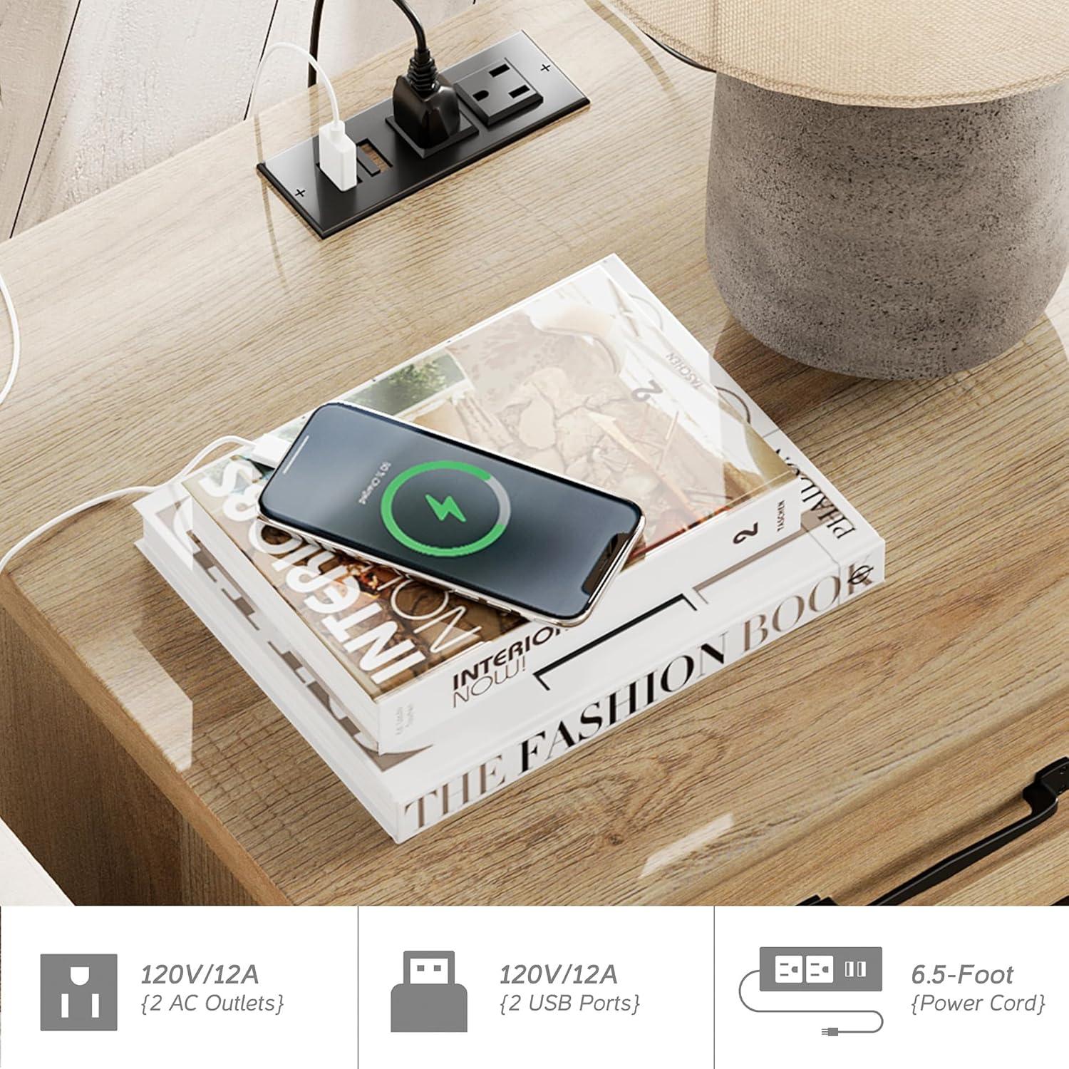 WAMPAT Farmhouse End Table with Charging Station, Light Wood Sofa Side Table with Storage Cabinet, Narrow Night Stand Bedside Table with Drawer for Living Room, Bedroom, Oak