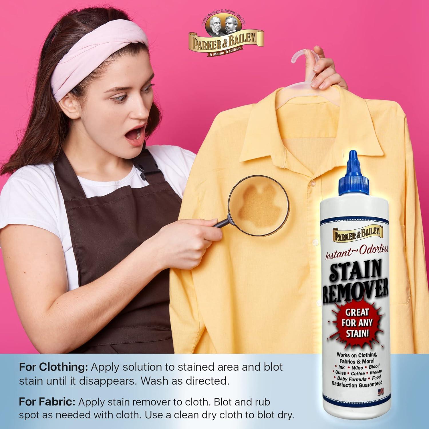 Parker & Bailey Liquid Stain Remover - Instant Stain Removal on Laundry Clothing Fabric Ink Grease Blood Grass Coffee Wine Food Carpet Upholstery Spot Cleaner Odor Free Detergent Booster, 8oz