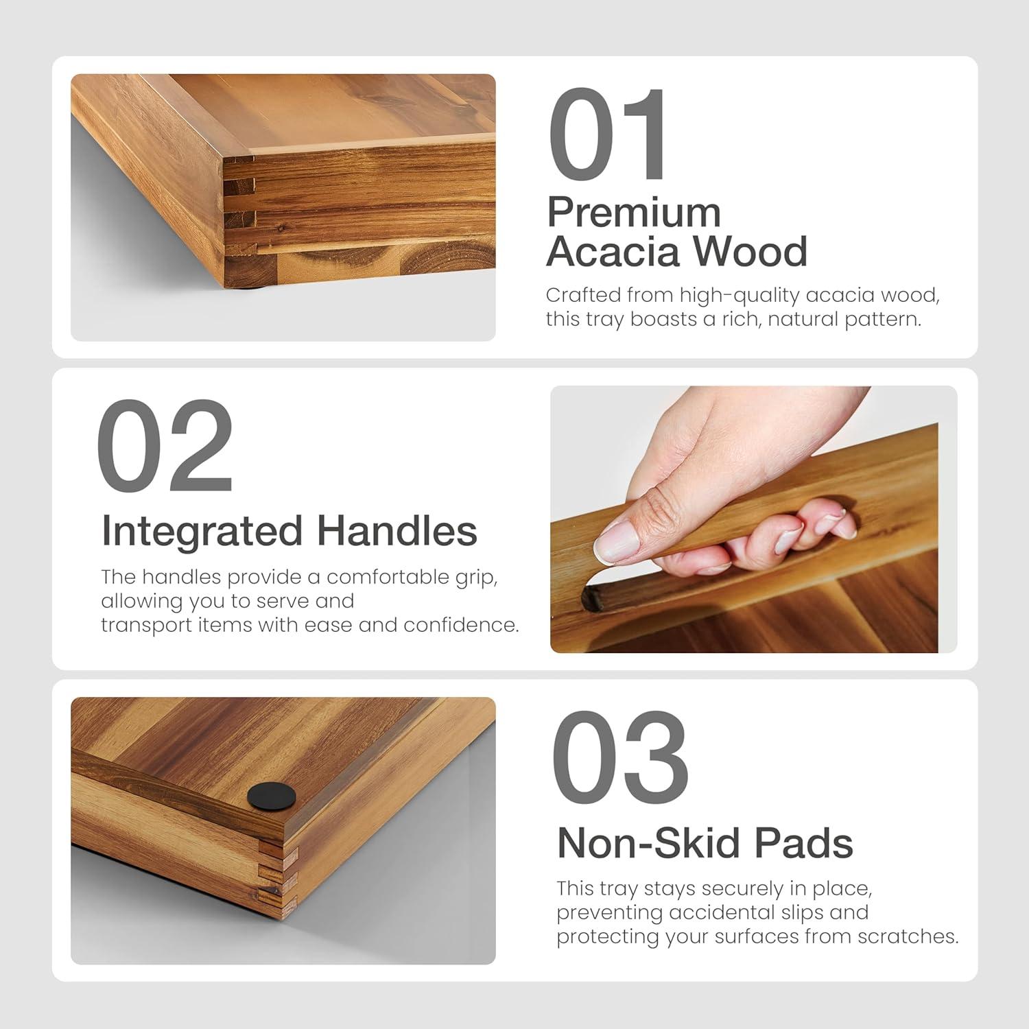 24 Inch Acacia Wood Ottoman Tray - Wooden Square Serving Tray with Handles - Extra Large Food Serving Trays for Decorative, Coffee Table, Breakfast in Bed - Charcuterie Trays Use for Kitchen