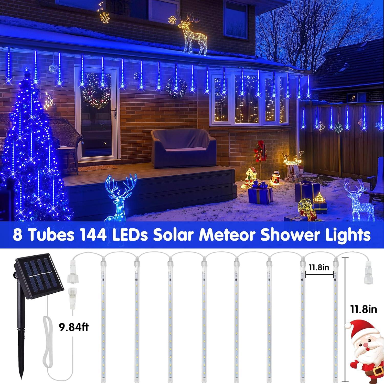 YZhouD 30cm 8-Tube 144 LED Warm White Solar Meteor Rain Lights - Falling Fairy String Lights for Xmas Tree, Wedding, Holiday Party Decor