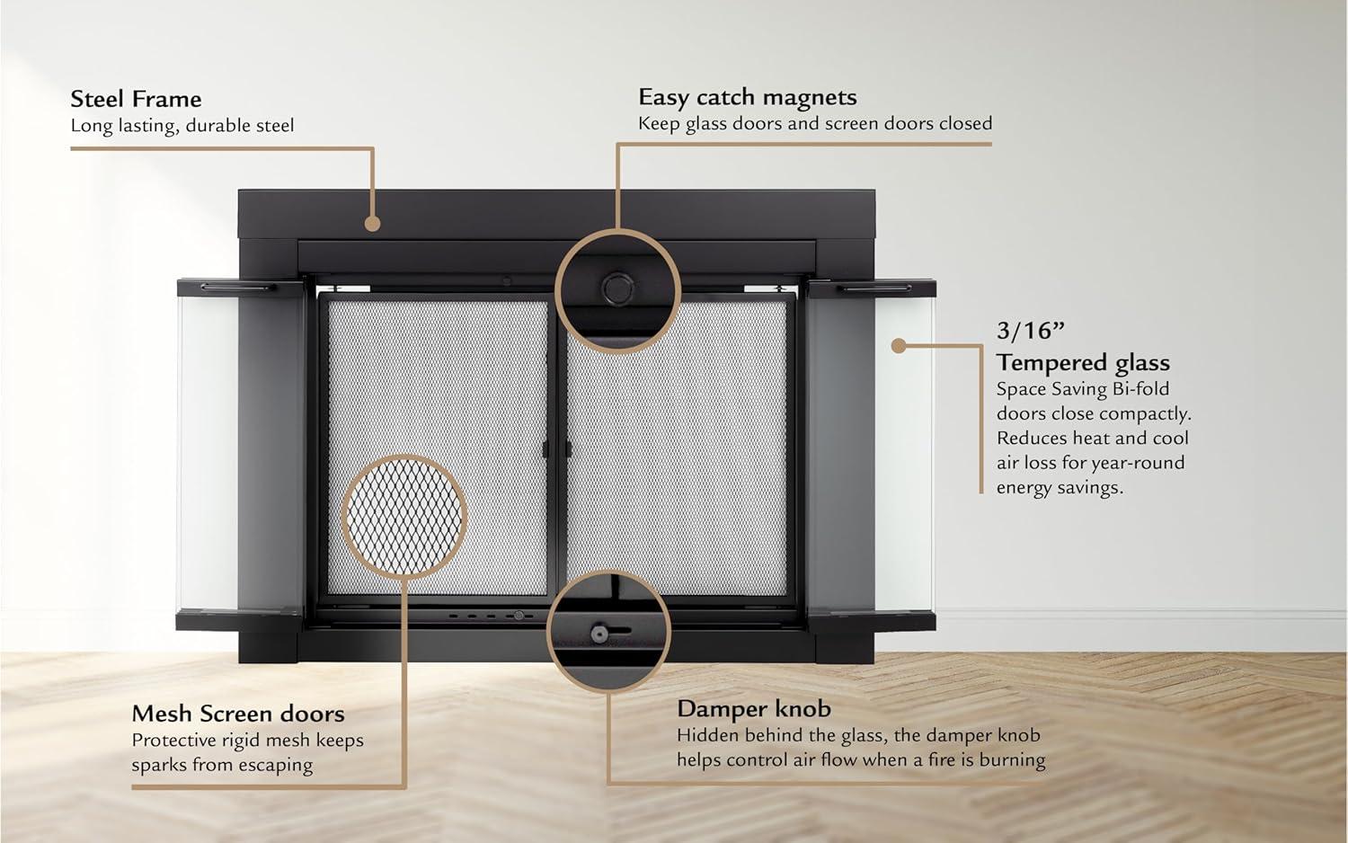 Pleasant Hearth Ascot Black Fireplace Glass Doors - Large