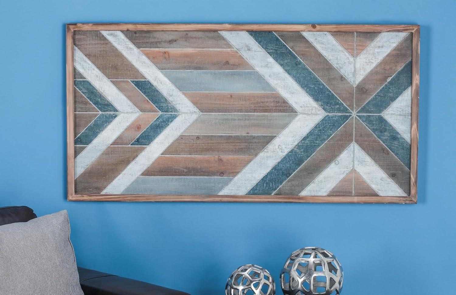 DecMode Farmhouse Distressed Rectangular Wood Wall Décor with Multi Colored Geometric Pattern, 46"W x 23"H