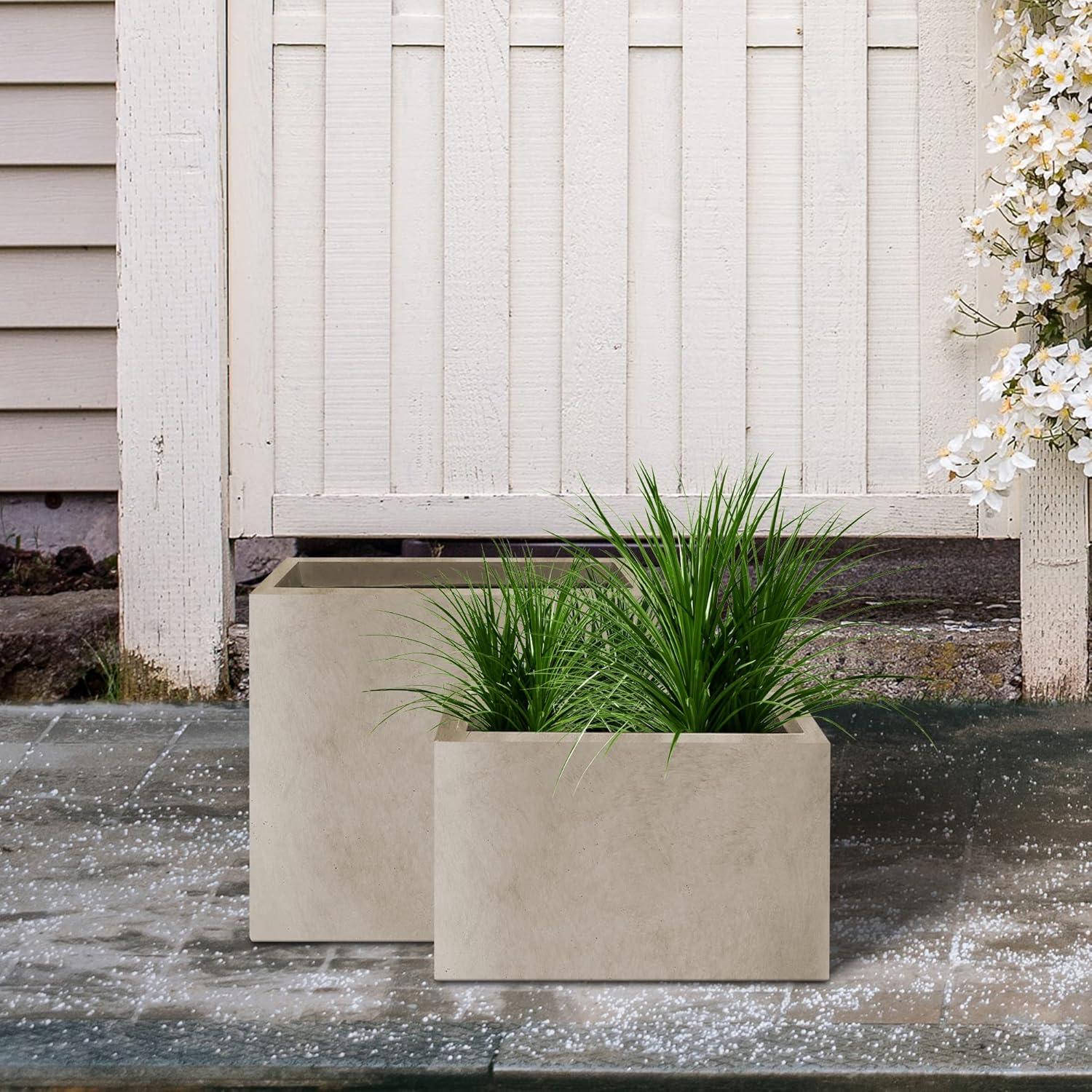 Weathered Concrete Rectangular Planters Set with Drainage Holes