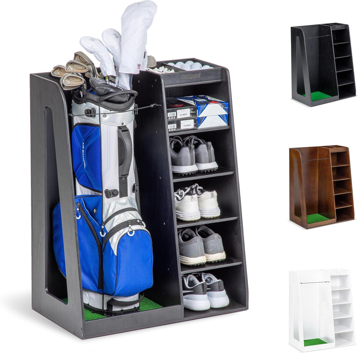 GoSports Premium Wooden Freestanding Golf Bag Organizer and Storage Rack
