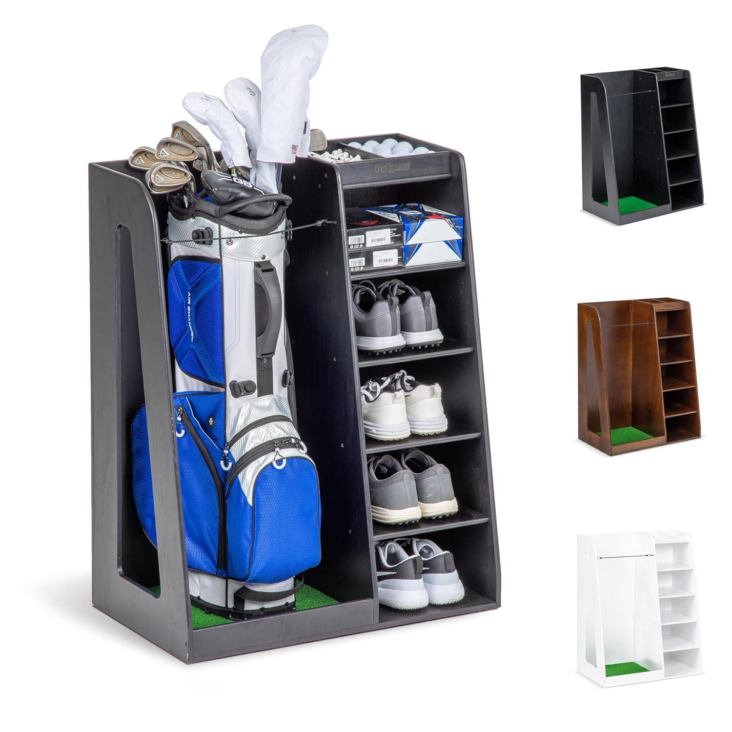 GoSports Premium Wooden Freestanding Golf Bag Organizer and Storage Rack