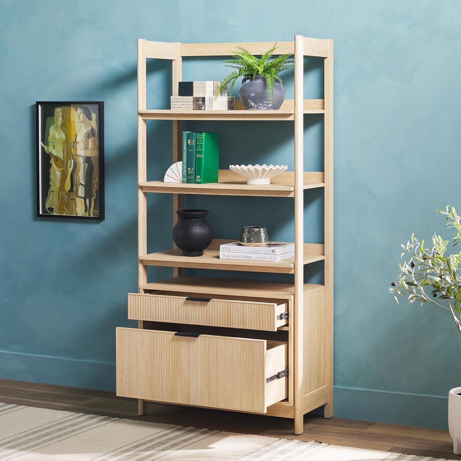 Coastal Oak 4-Shelf Bookshelf with Reeded Drawers