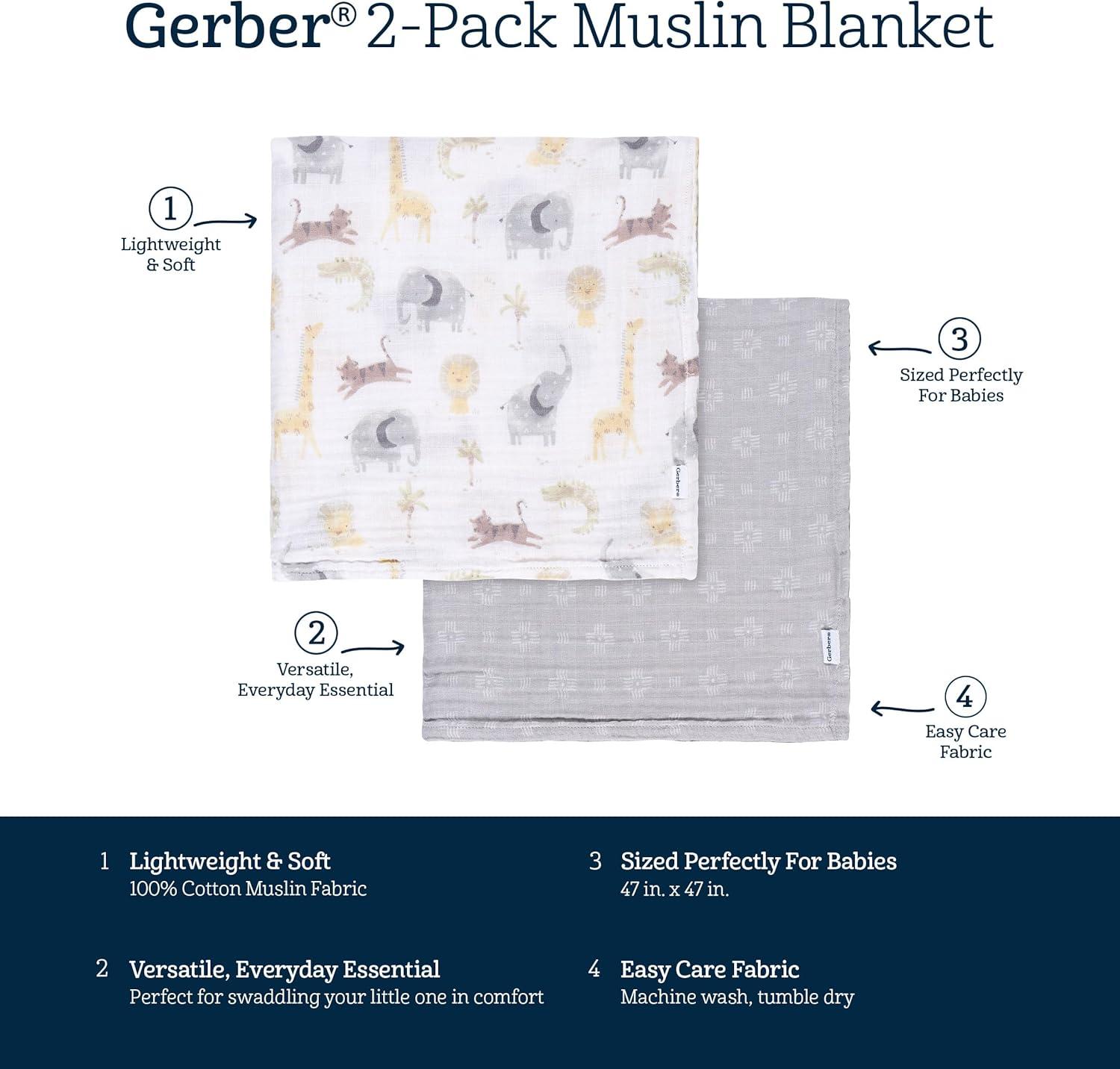 Gerber Baby Muslin Blankets, Animals, 2-Pack