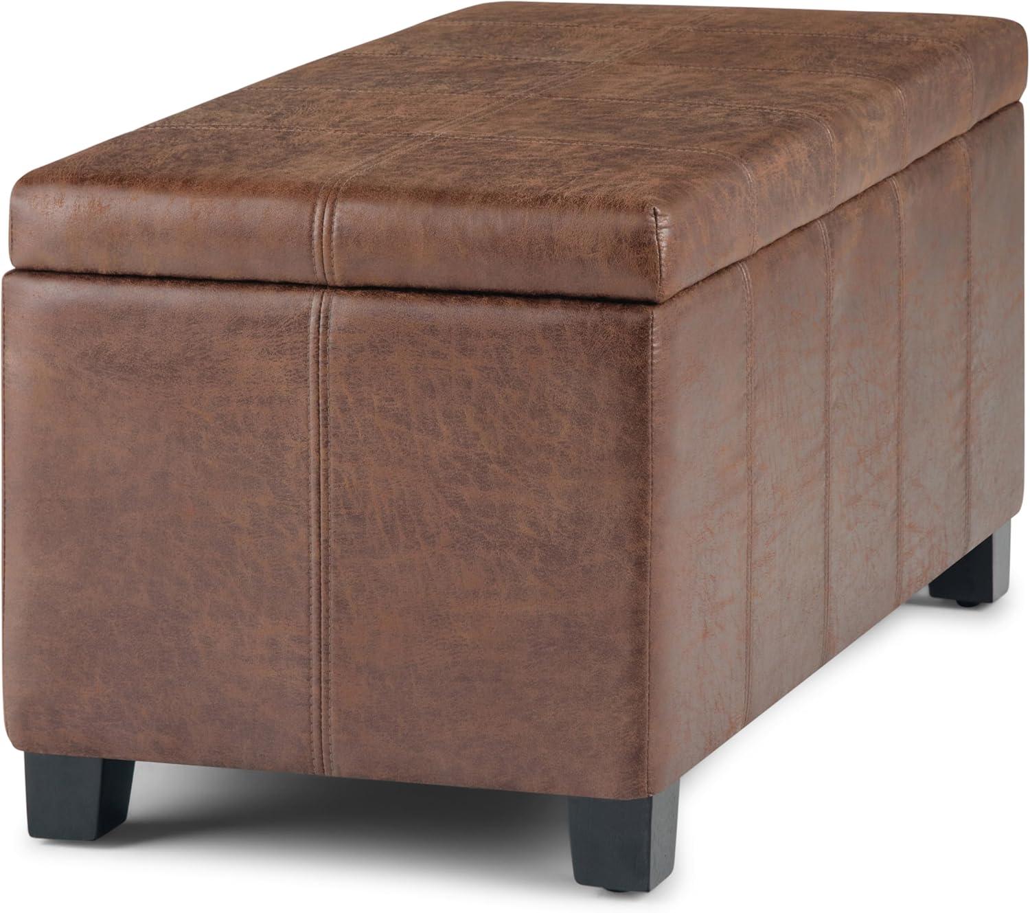 Dover Distressed Umber Brown Faux Leather Lift-Top Storage Ottoman