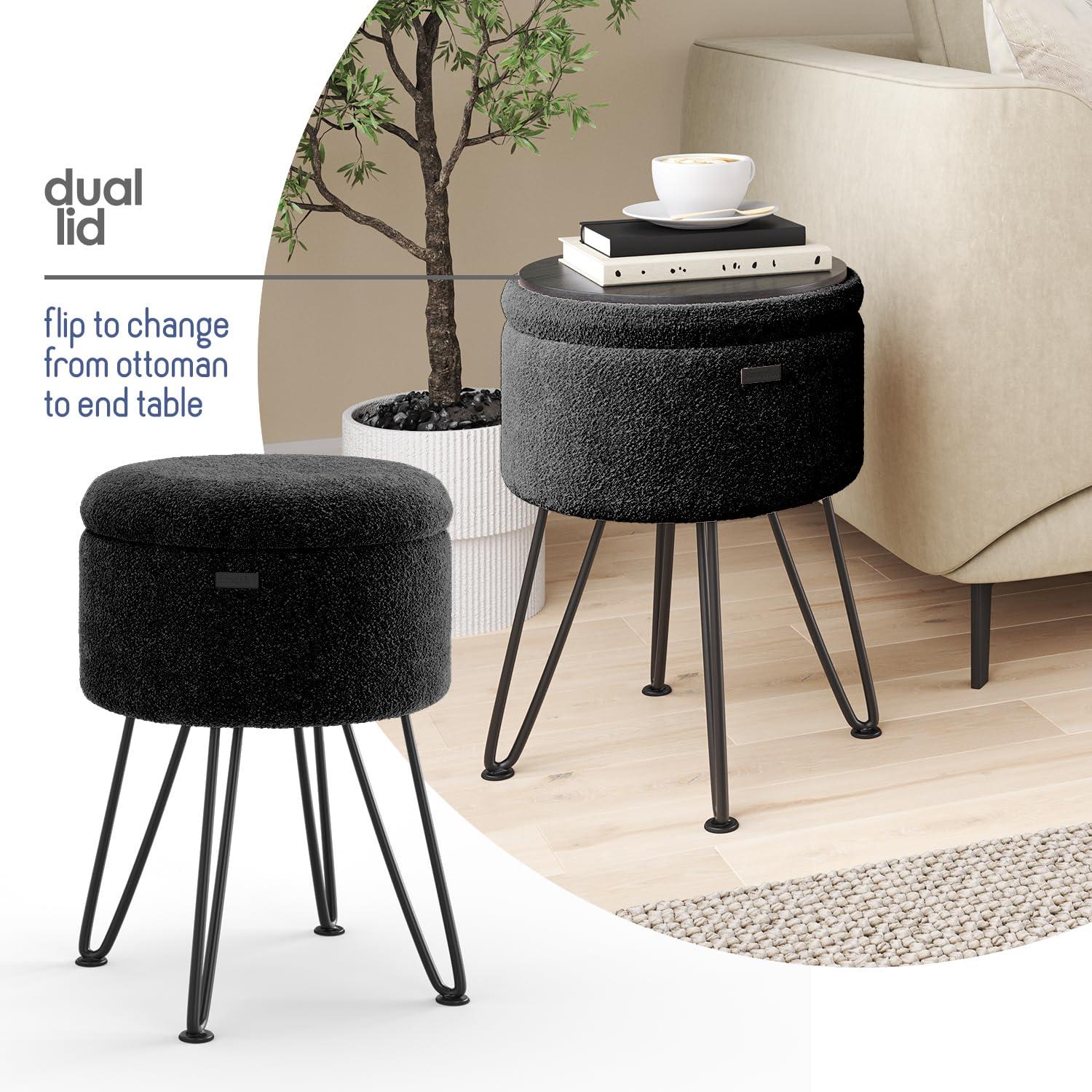 StorageBud Round Ottoman with Storage, Boucle Storage Ottoman, Modern Foot Stool Ottoman for Living Room and Bedroom, Black/Black Legs