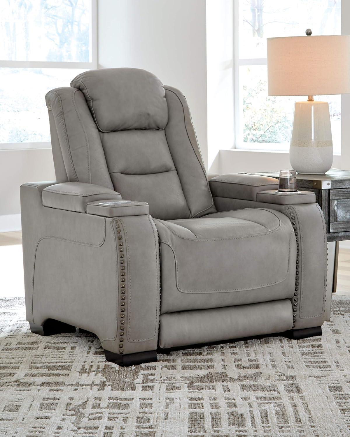 Signature Design by Ashley The Man-Den Leather Power Recliner in Gray