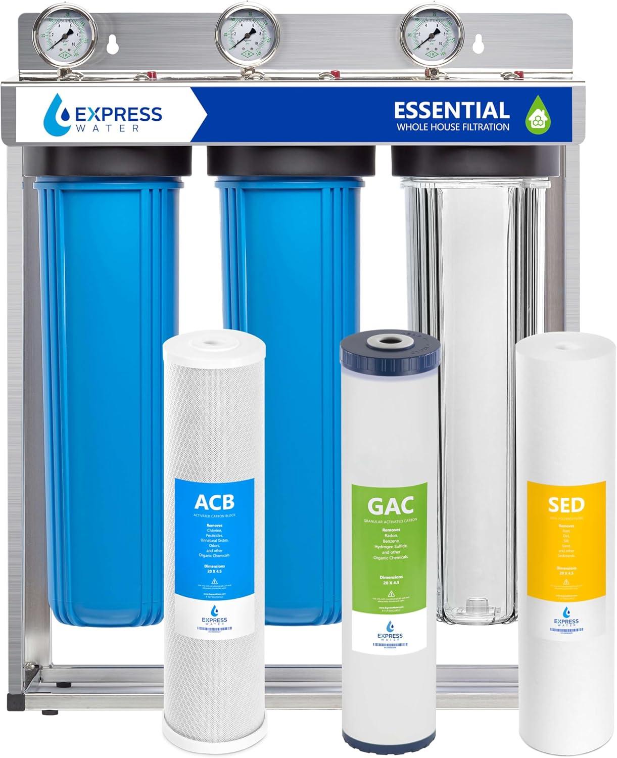 Express Water Whole House Water Filter – 3 Stage Home Water Filtration System – Sediment, Charcoal, Carbon Filters – includes Pressure Gauges, Easy Release, and 1” Inch Connections