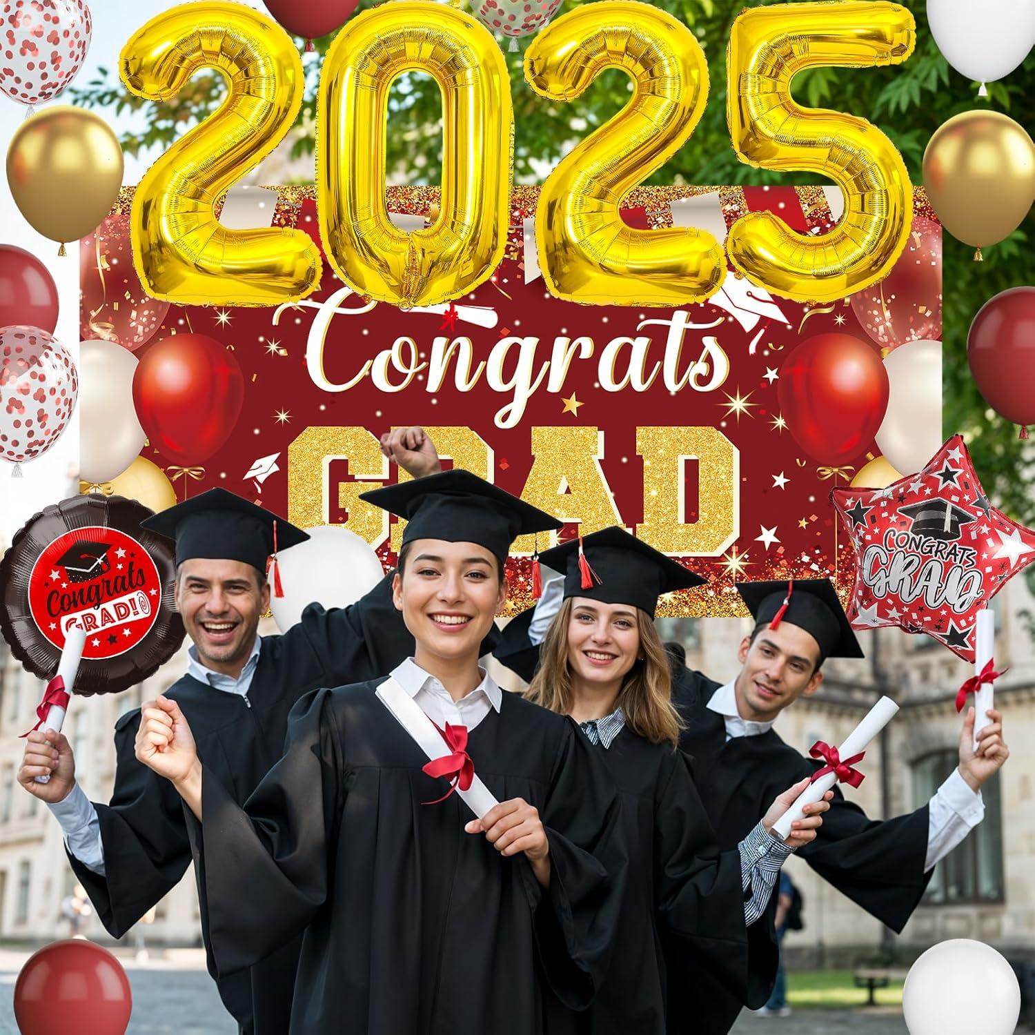 2025 Graduation Party Decoration, Red Gold Themed Set with Congrats Grad Banner, Balloons, Foil Number 2025 for Class of 2025 Graduation Party Supplies