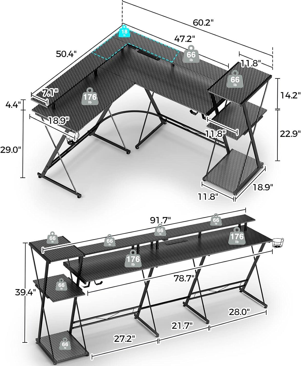 Black L-Shaped Gaming Desk with LED Lights and Storage